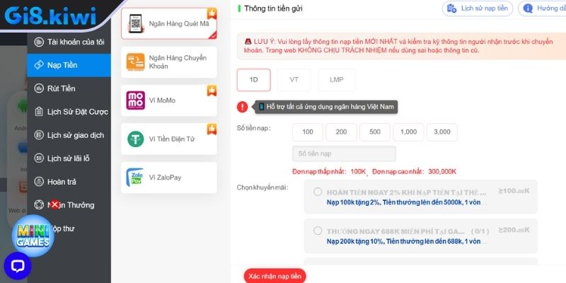 Lựa chọn phương thức thanh toán trong nạp và rút tiền GI8